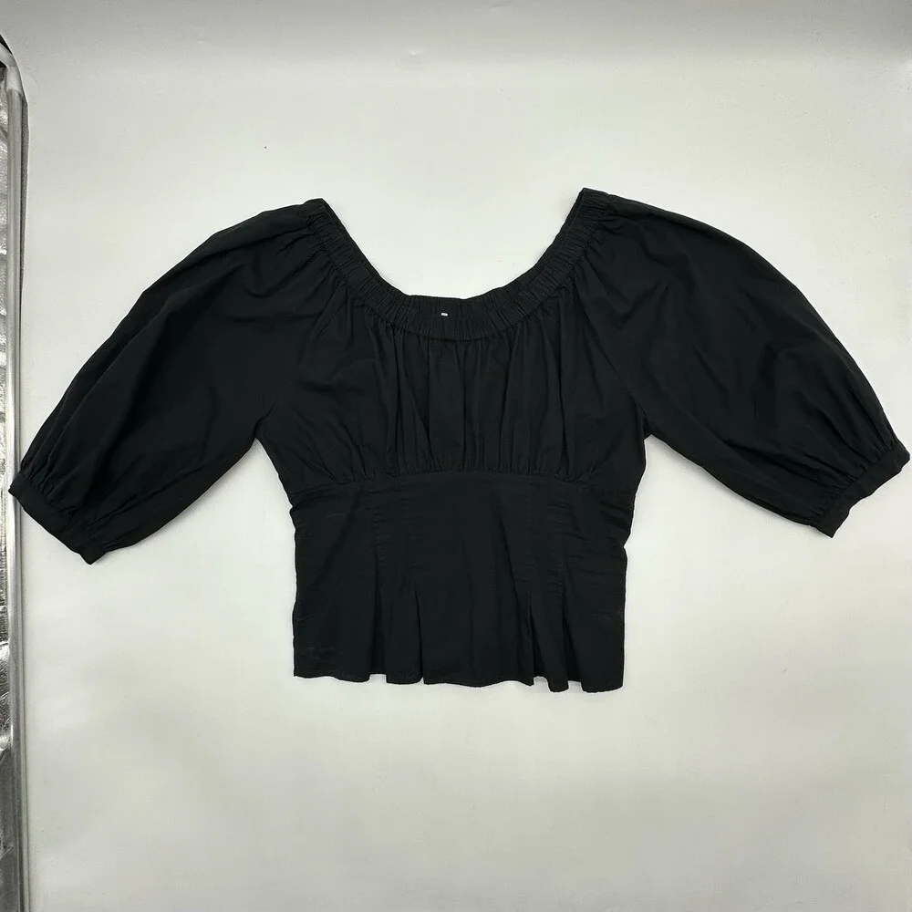 Free People Teagan Size Medium Black Puff-Sleeve On/Off Shoulder Peplum Blouse